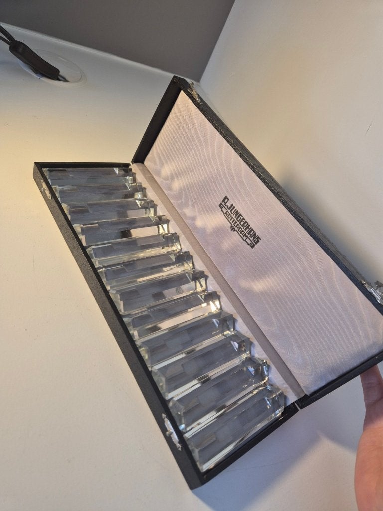 12 vintage glazen messenleggers – A. Jungerhans Rotterdam, Ophalen of Verzenden