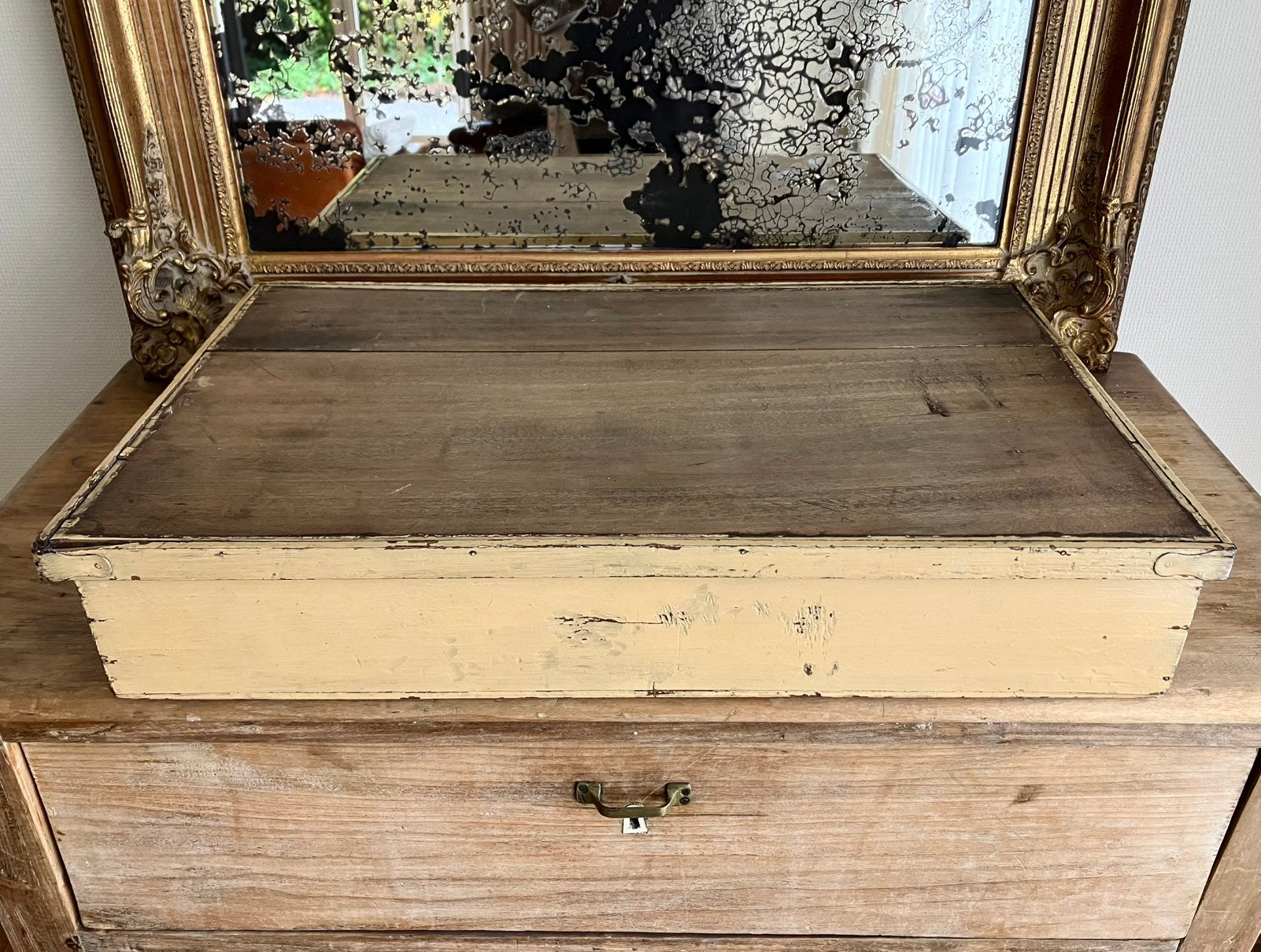 Oude brocante houten opberg kist, Ophalen, Gebruikt, 50 tot 100 cm, 5 – 50