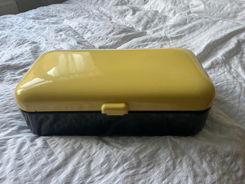Vintage Emaille Broodtrommel - Geel/Zwart, Ophalen