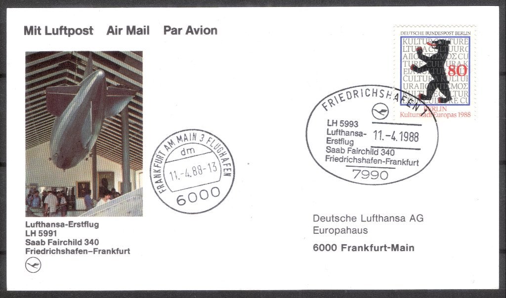 1e Lufthansa vlucht Friedrichshafen - Frankfurt 1988, Verzenden, Overige typen
