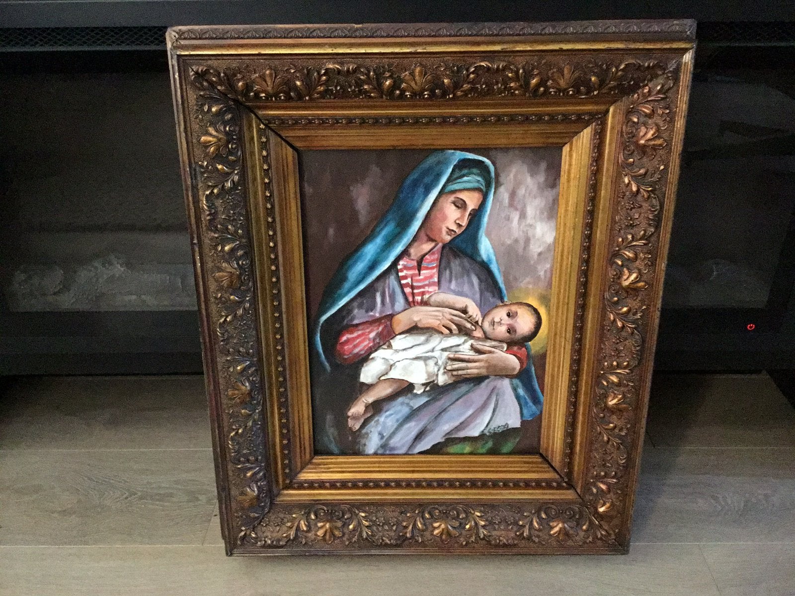 Handgeschilderd  schilderij moeder met kind achter glas, Antiek en Kunst, Ophalen