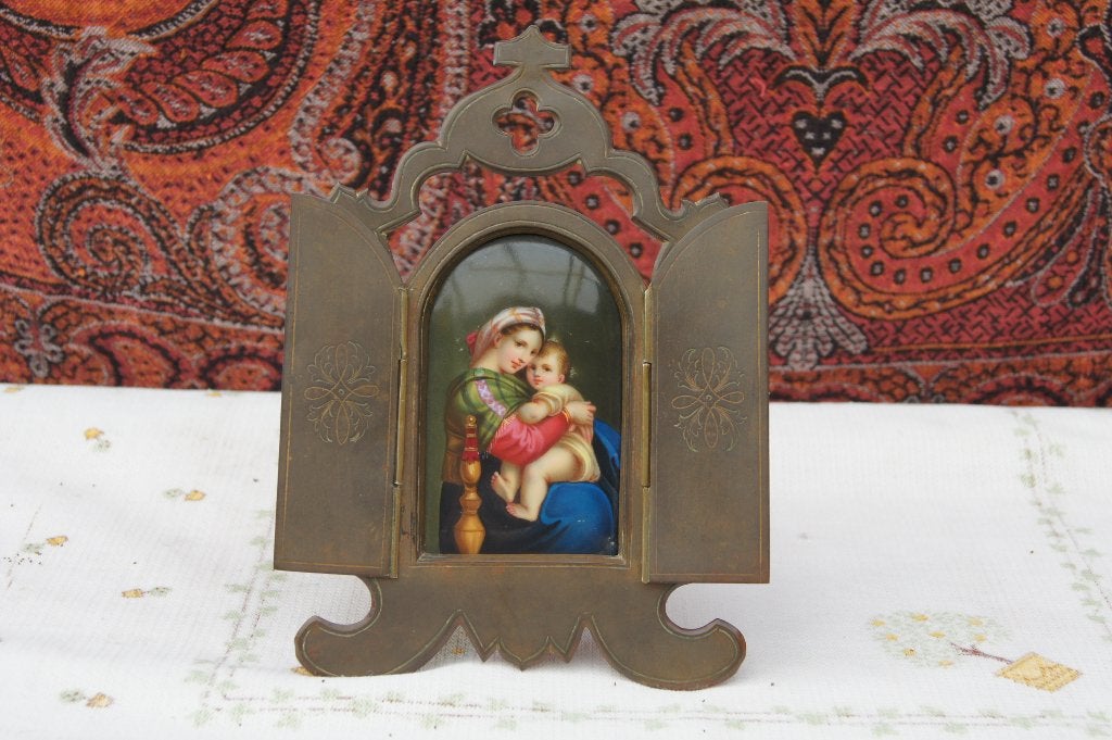 Maria met kind miniatuur in bronzen lijst ( 3 Luikje, Ophalen of Verzenden