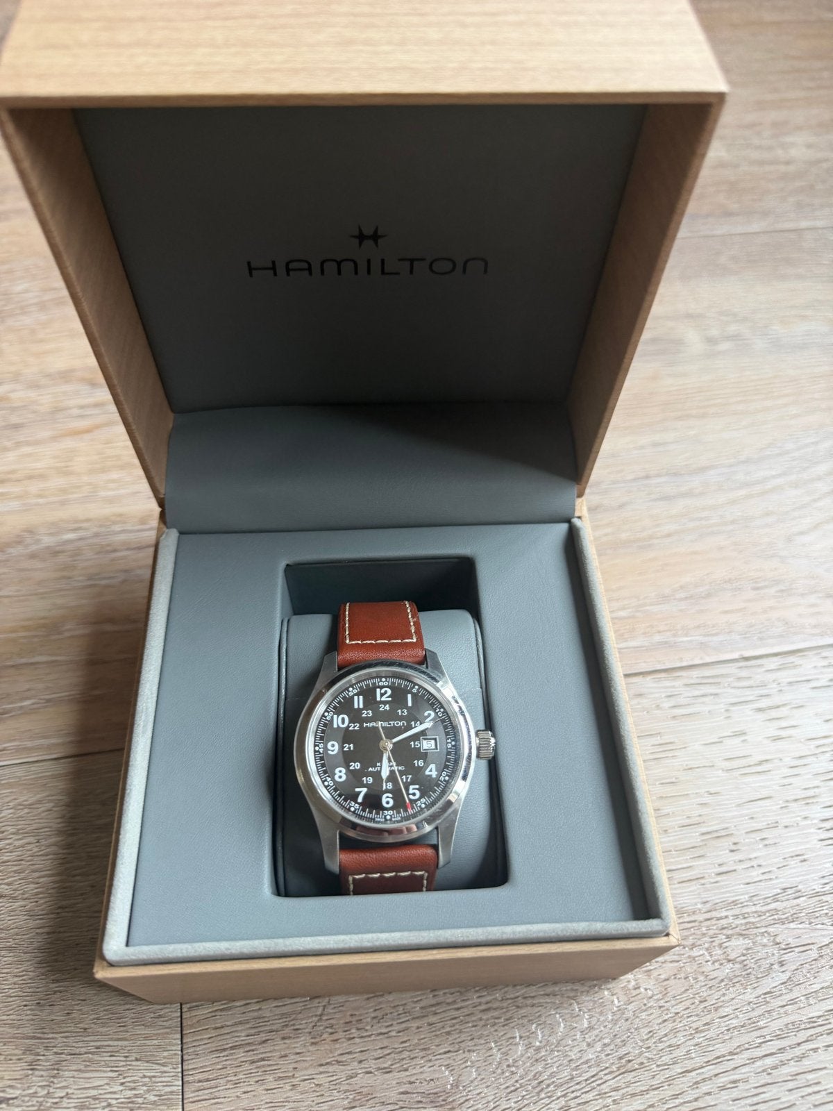 Hamilton Khaki Field Auto - Zo goed als nieuw, Overige merken, Leer, Staal, Polshorloge