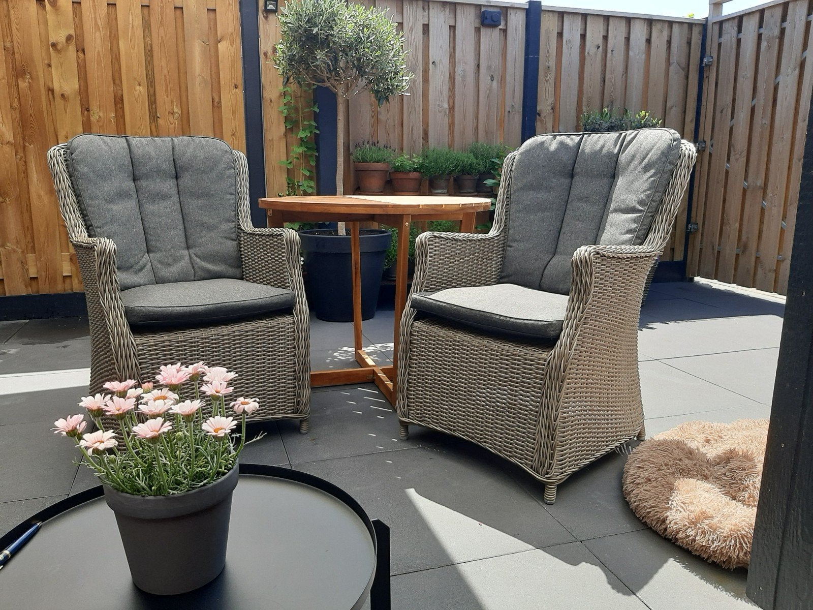 2x Rieten tuinstoelen met grijze kussens  en houten tafel ., Tuin en Terras, Tuintafels, Ophalen, Zo goed als nieuw, Rond, Hout
