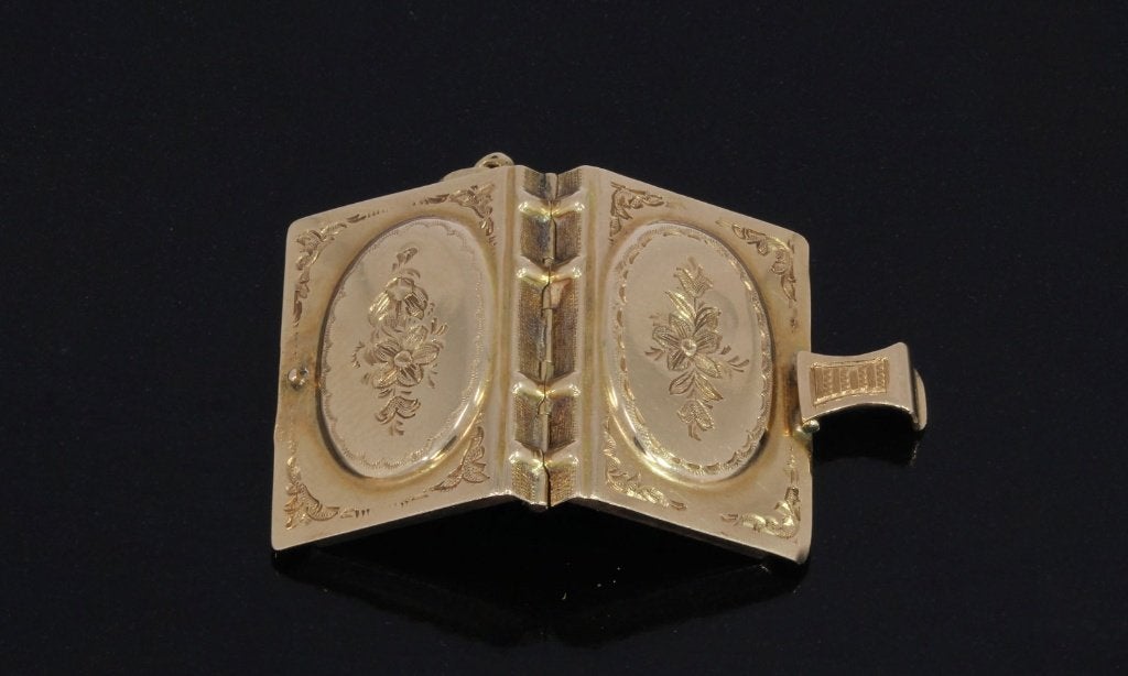 Foto medaillon boek 14k gouden ketting hanger fraai antiek, Ophalen of Verzenden, Goud, Hanger, Met edelsteen
