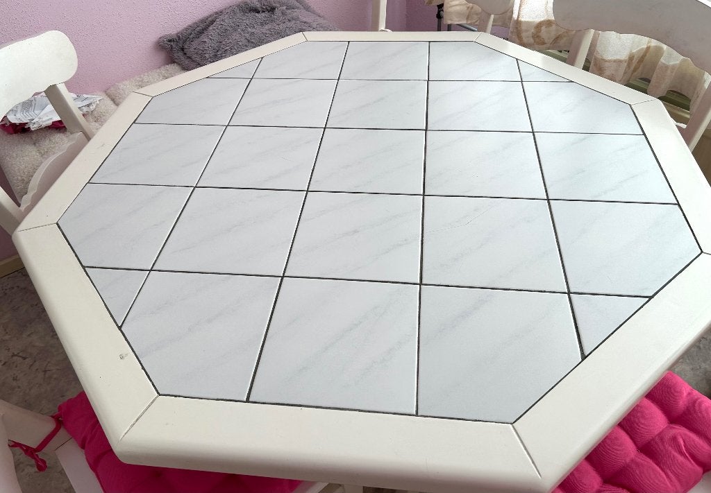 8 hoekige eettafel wit hout met stenen blad 75 x 115 cm, Ophalen, Gebruikt, 50 tot 100 cm, 100 tot 150 cm