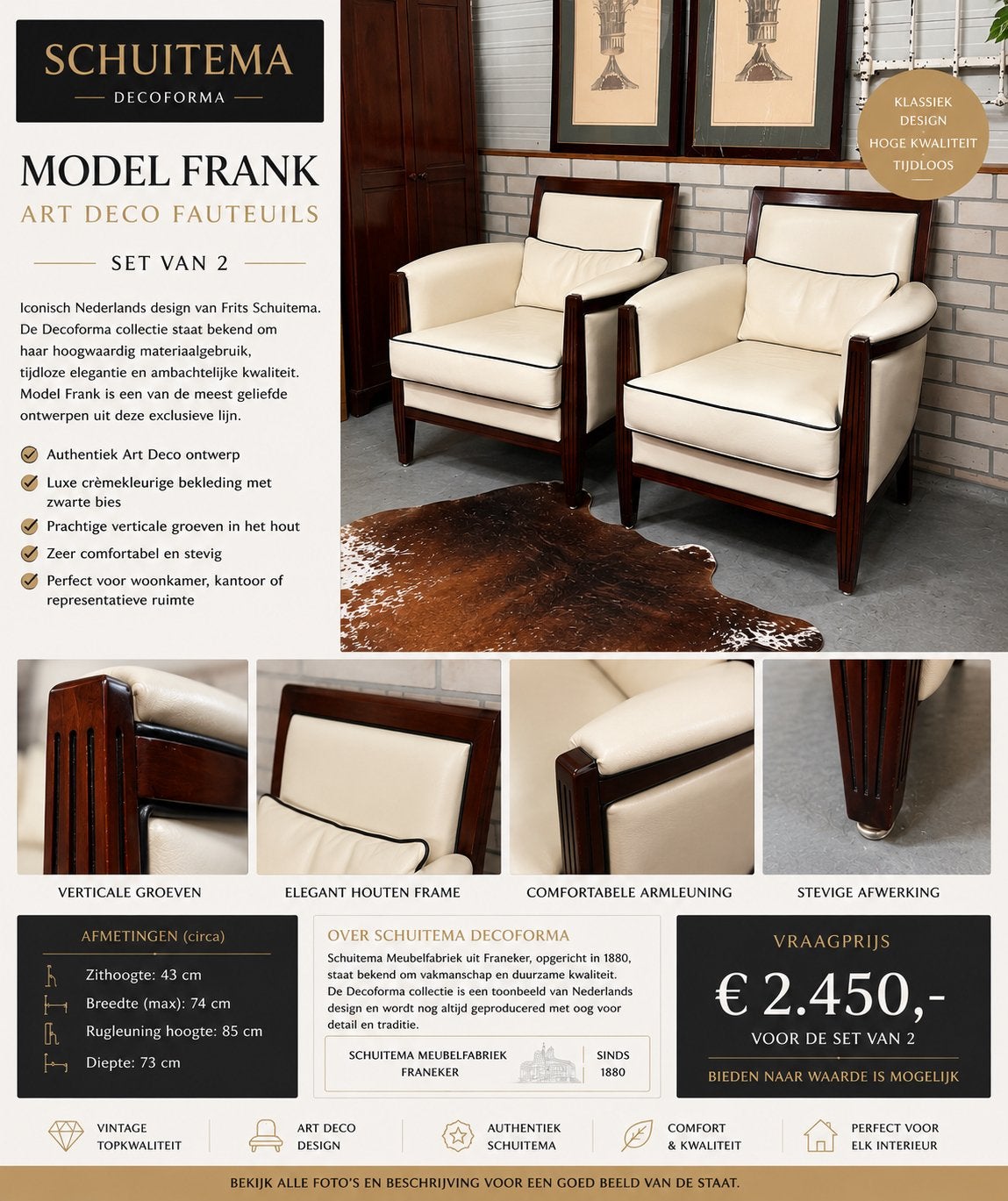 2 Schuitema Decoforma Frank Art Deco fauteuils – crème leder, Ophalen of Verzenden