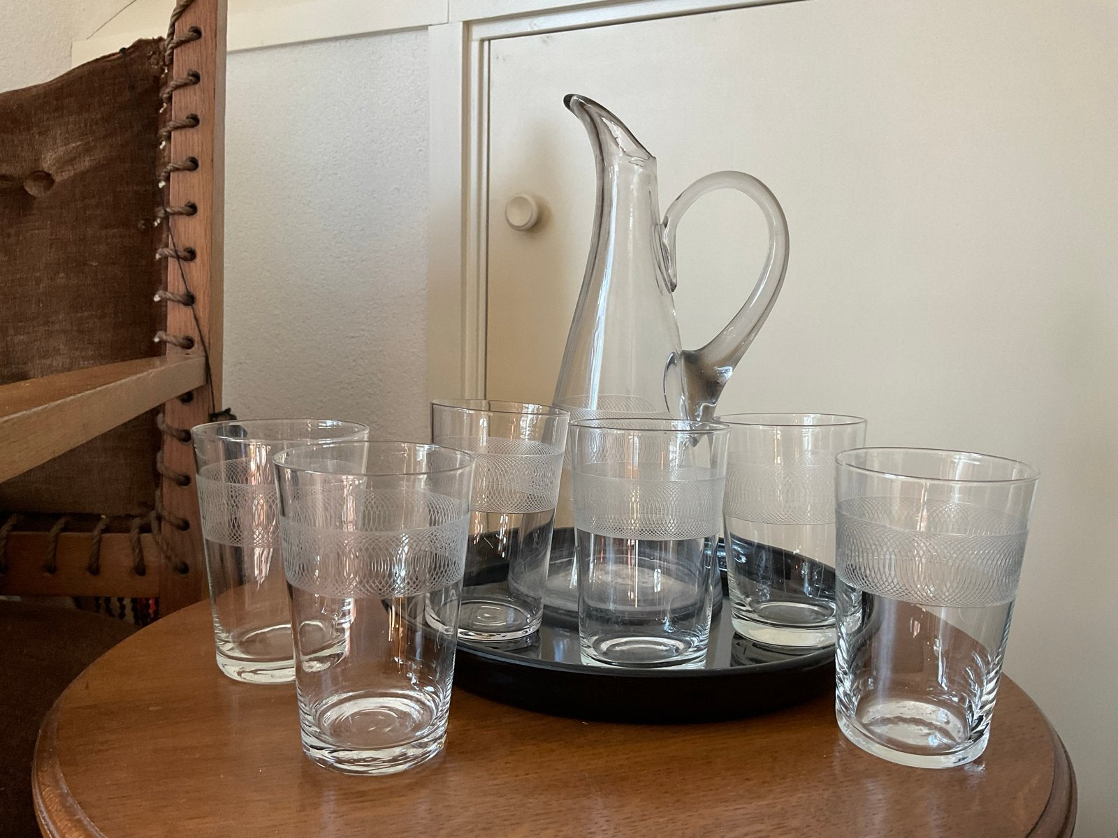 Vintage glazen karaf met 6 bijpassende glazen, Ophalen of Verzenden