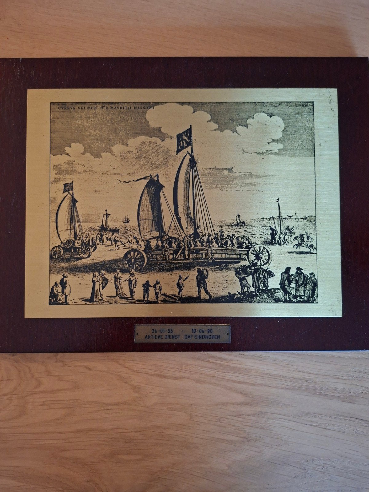Historische prent: Zeilwagen van Maurits van Nassau, Ingelijst, Militair, Gravure, 1600 - 1699