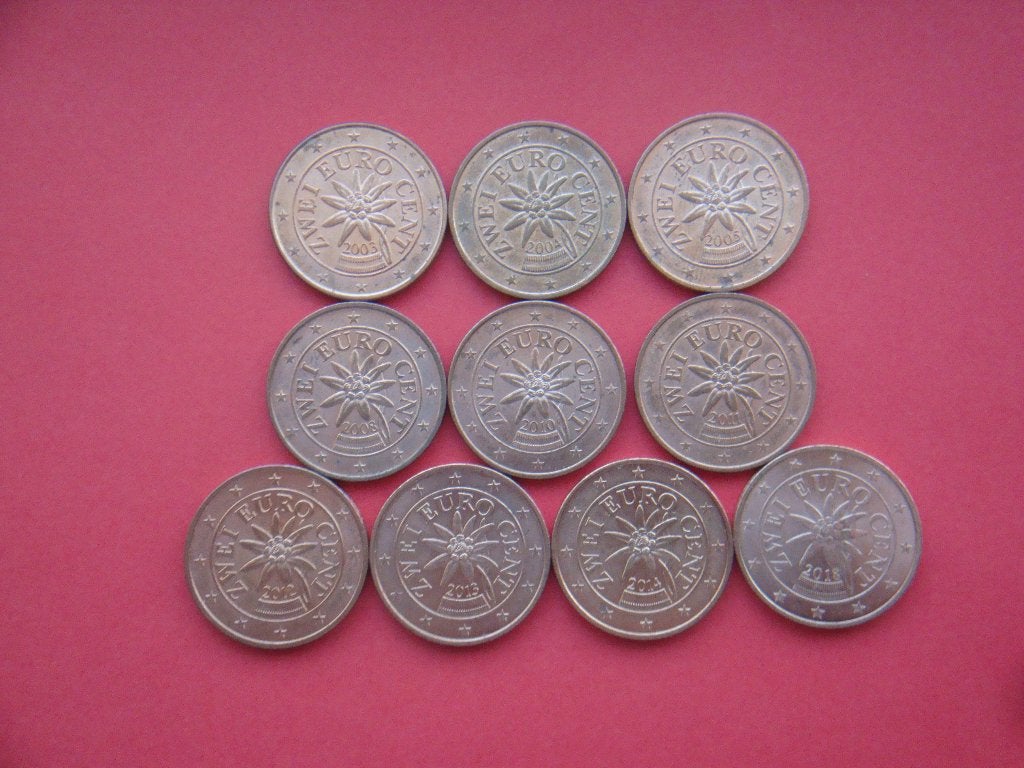 Kavel Oostenrijk setje munten 2 Eurocenten 2002 t/m 2015., Postzegels en Munten, Verzenden, Oostenrijk, 2 cent, Setje