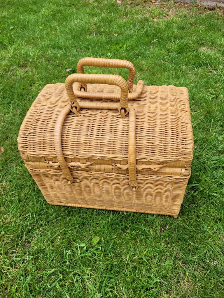 Vintage gevlochten pitrieten mandje met originele stof, Ophalen of Verzenden