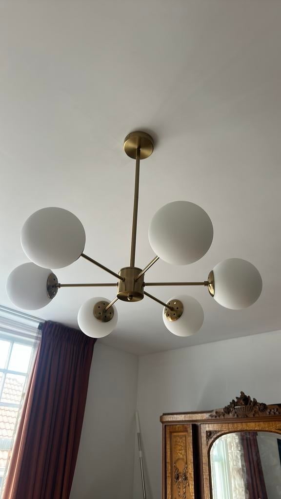 Plafondlamp nieuw messing melkglas 6 bollen, Huis en Inrichting, Lampen | Hanglampen, Ophalen of Verzenden, Zo goed als nieuw