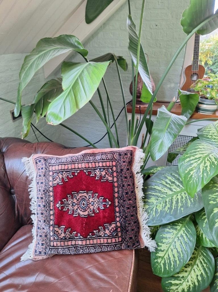 Vintage handgeknoopt Oosters kussen - ca. 4443 cm - Rood, Ophalen of Verzenden, Zo goed als nieuw, Rood, Vierkant