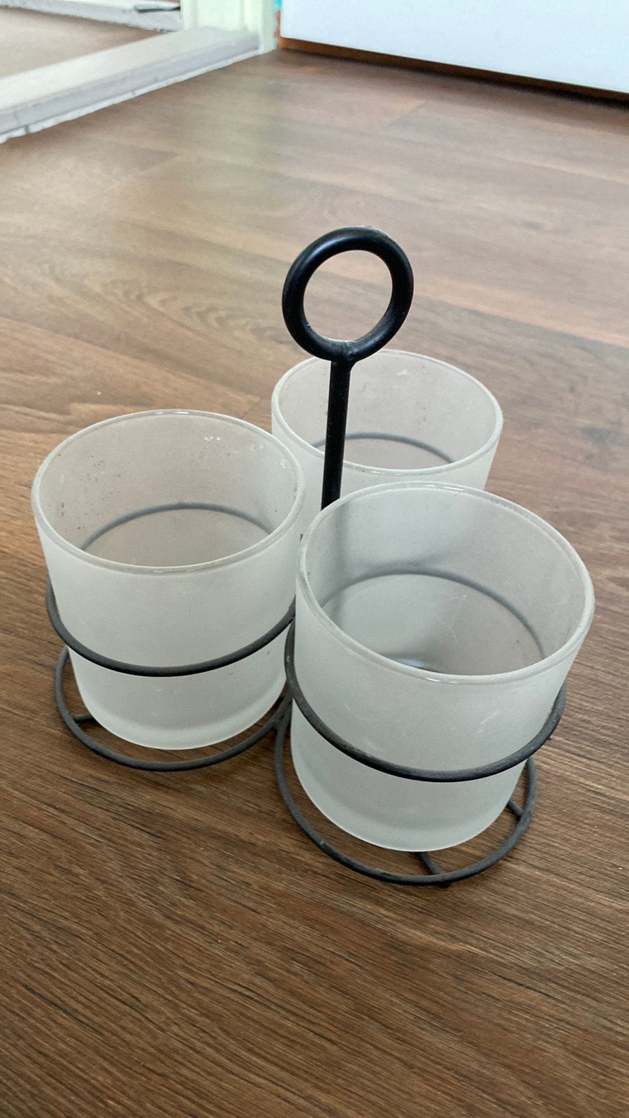 3 glazen potjes in metalen houder, Ophalen of Verzenden, Nieuw, Overige materialen, Minder dan 25 cm