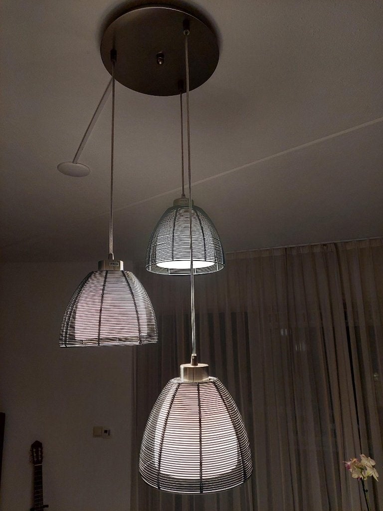Moderne ronde hanglamp set van drie, Huis en Inrichting, Lampen | Hanglampen, Zo goed als nieuw, Glas, Modern, E27 (groot)