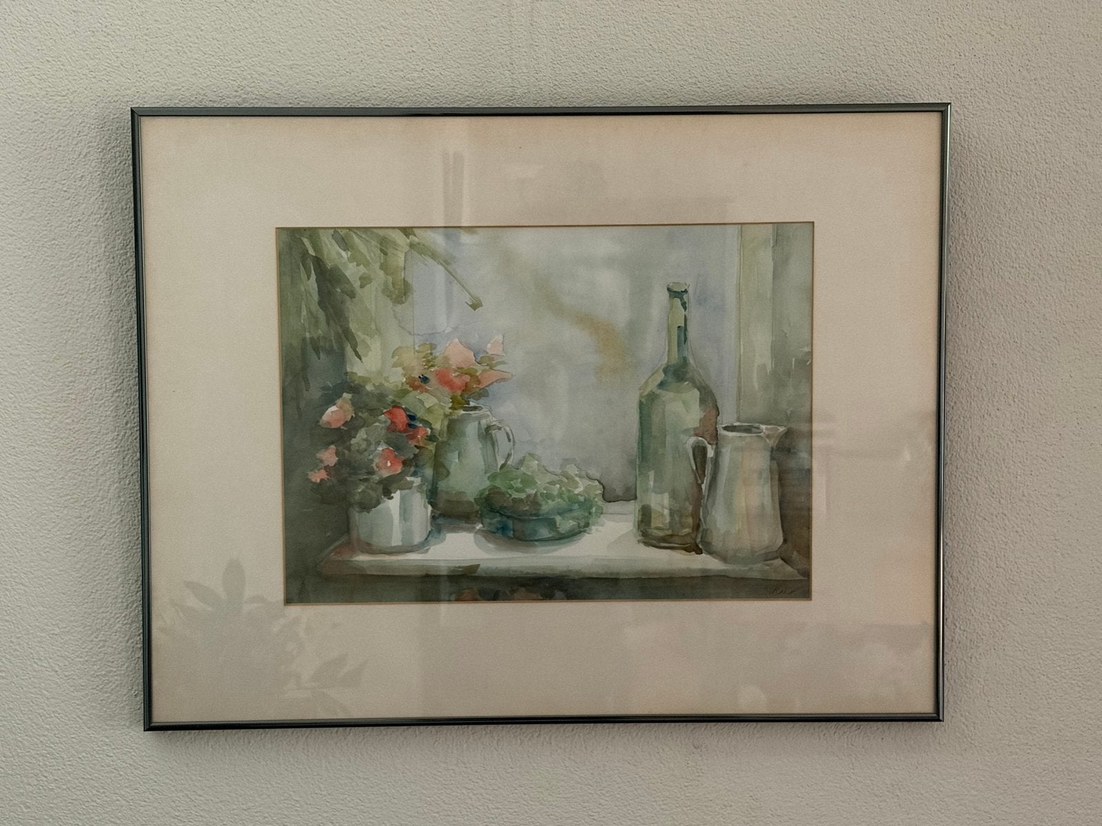 Sfeervol aquarel stilleven met bloemen en flessen, Ophalen, Stilleven, Papier, Ingelijst