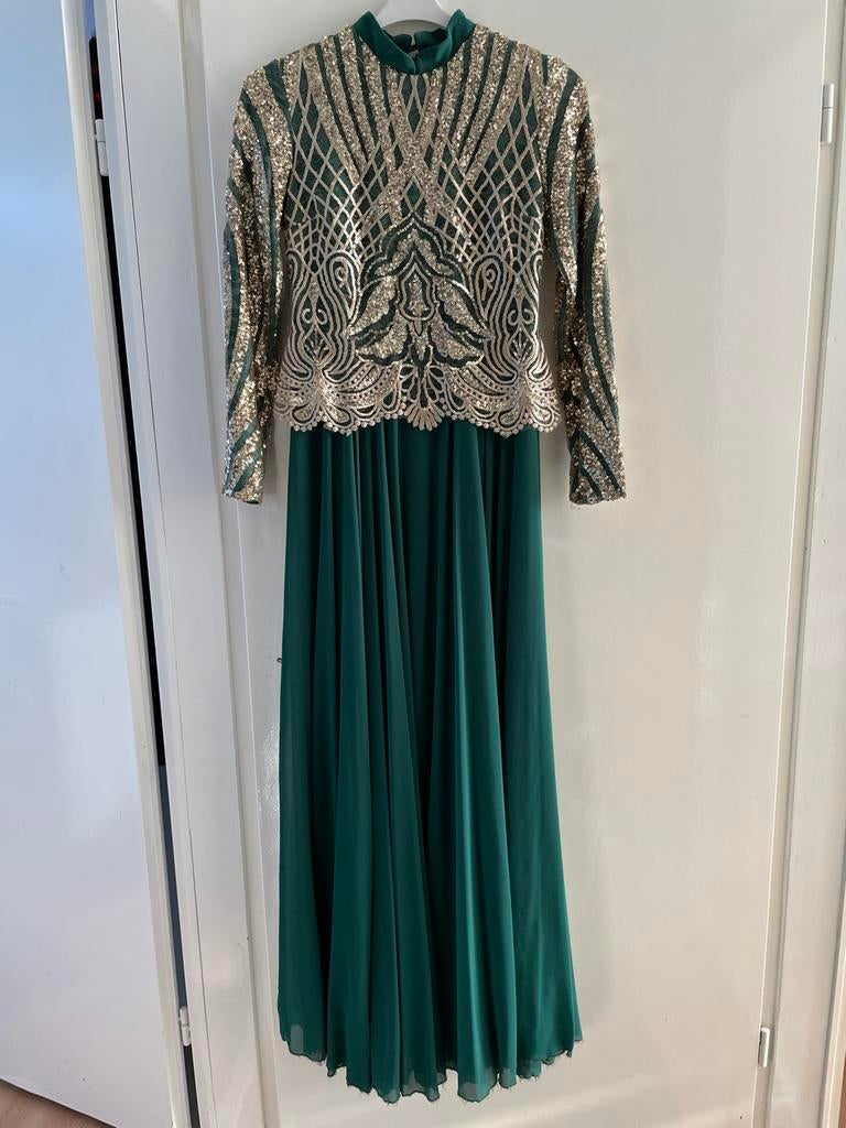 Groene avondjurk met gouden pailletten, Kleding | Dames, Gelegenheidskleding, Maat 38/40 (M), Galajurk, Ophalen of Verzenden, Zo goed als nieuw