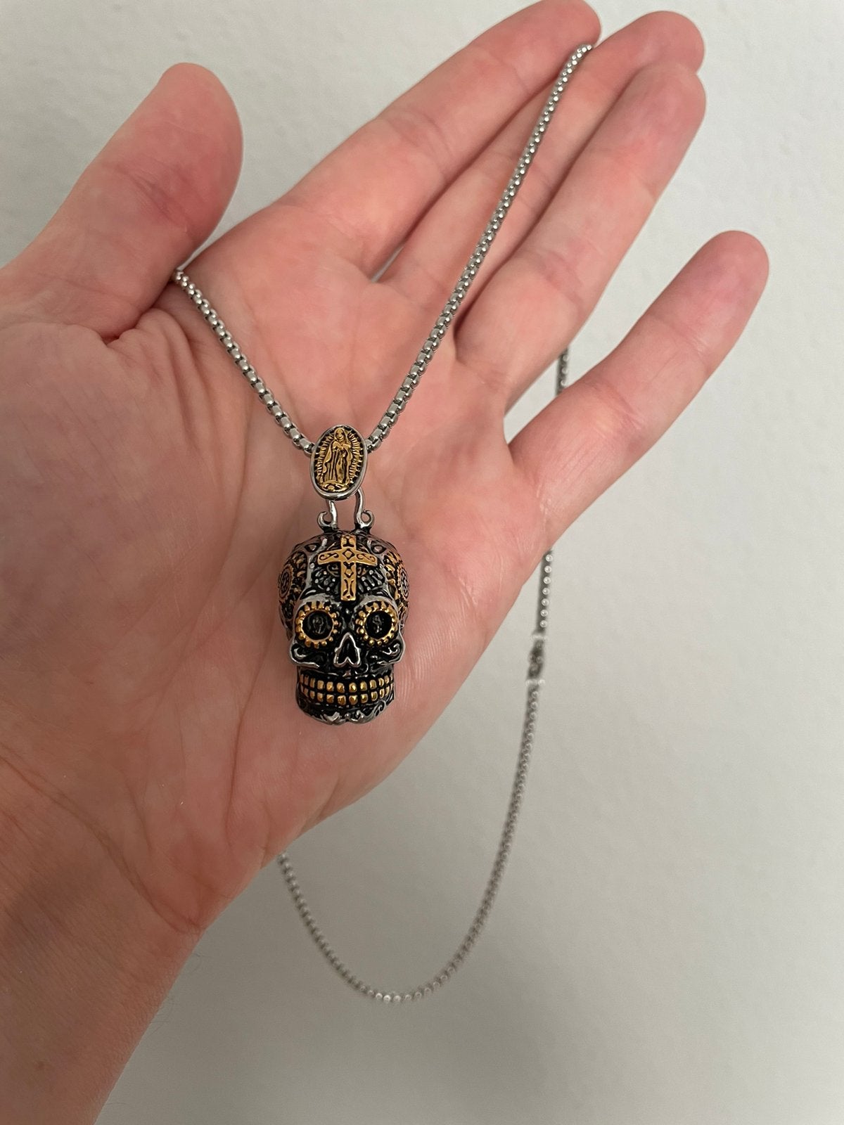 Venetiaanse lange ketting incl skull schedel doodskop hanger, Ophalen of Verzenden, Zo goed als nieuw, Zilver, Overige materialen