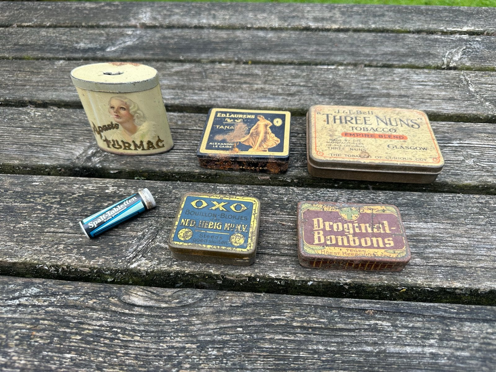 Vintage blikken en medicijnflesje, Verzamelen, Blikken, Gebruikt, Overige, Overige merken, Ophalen of Verzenden