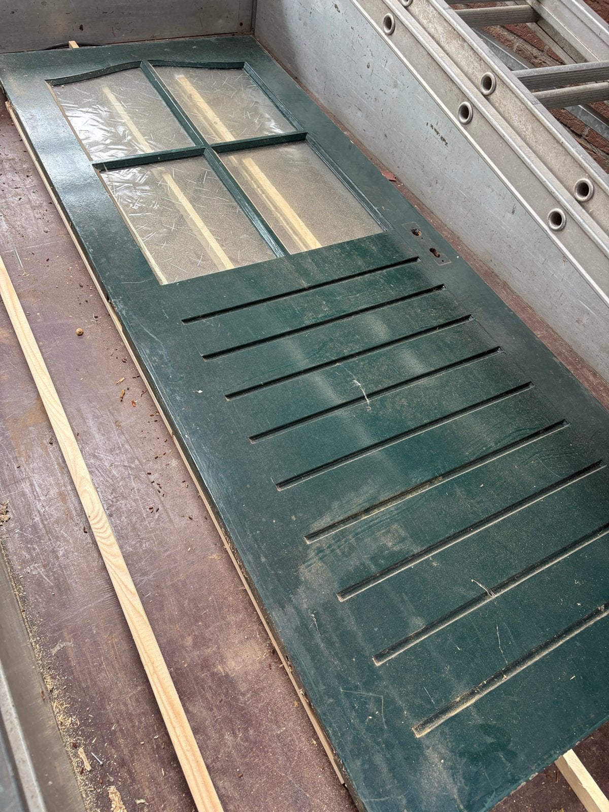 Robuuste groene buitendeur met glaspanelen, Doe-het-zelf en Verbouw, Ophalen, Gebruikt, 80 tot 100 cm, Buitendeur