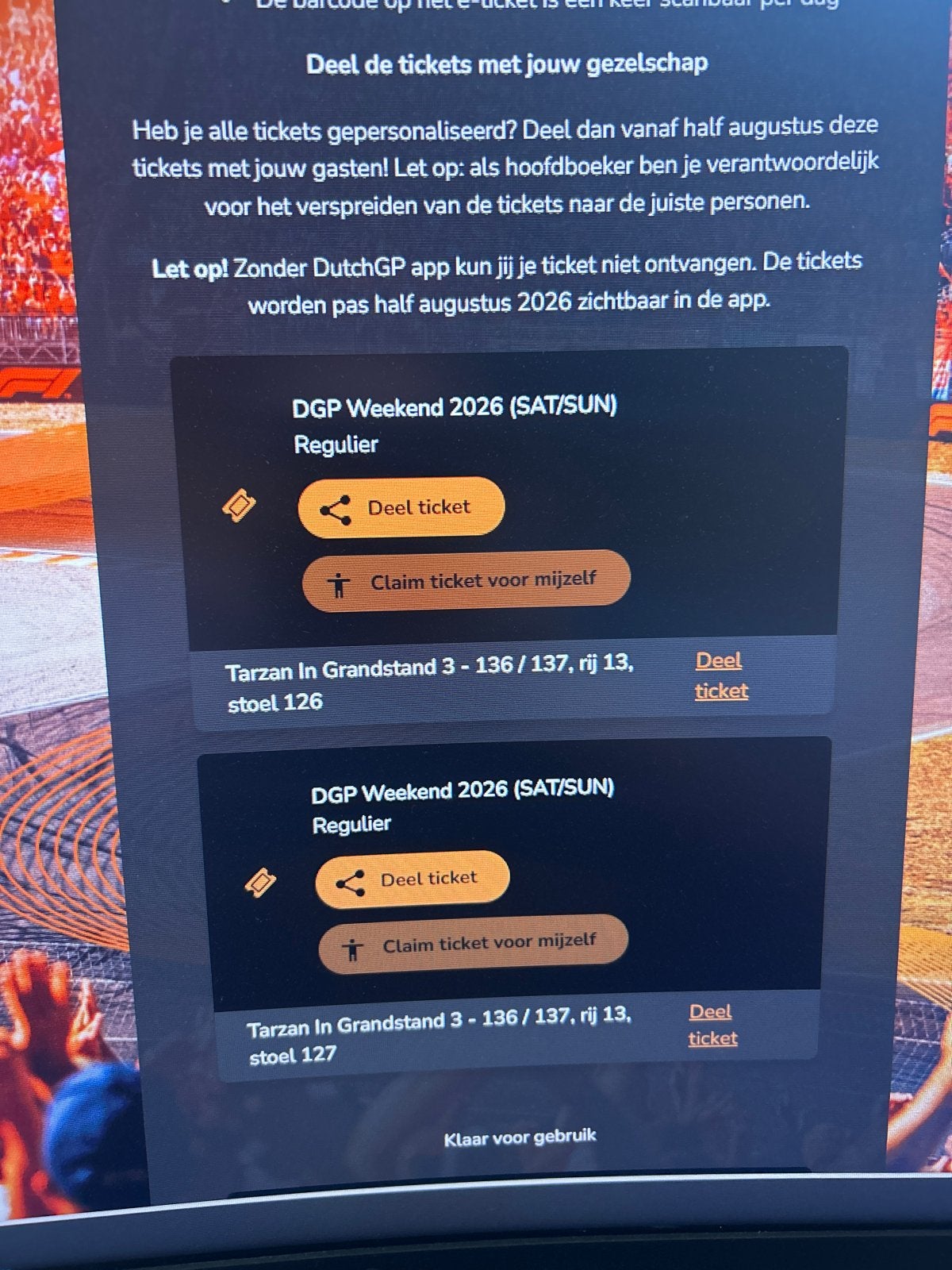 Dutch gp Zandvoort 2 tickets za/zo tarzan in grandstand 3, Twee personen