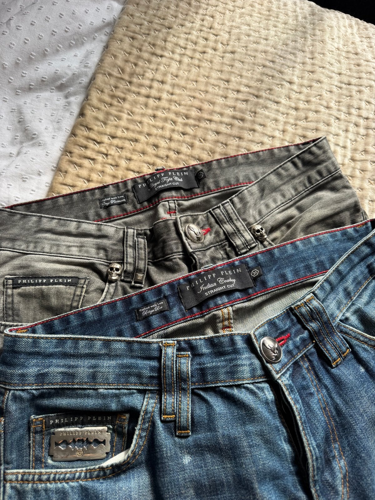 Philipp Plein Jeans - Grijs en Blauw (2 stuks), Kleding | Heren, Spijkerbroeken en Jeans, Ophalen, Gedragen, Grijs, W32 (confectie 46) of kleiner
