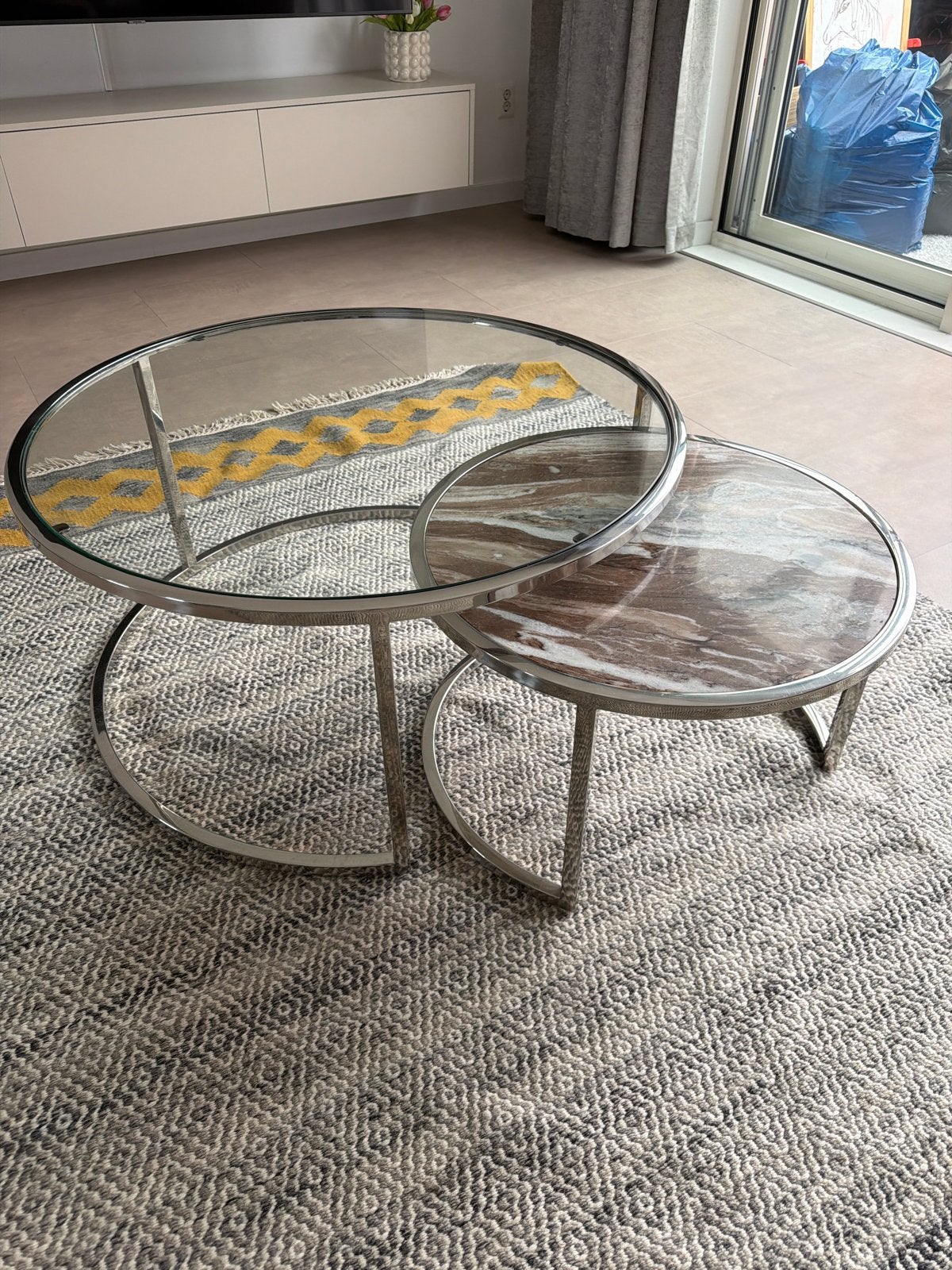 Riviera Maison Salontafel Tweedelig - Glas en Marmerlook, Ophalen, 100 tot 150 cm, Rond, 50 tot 100 cm