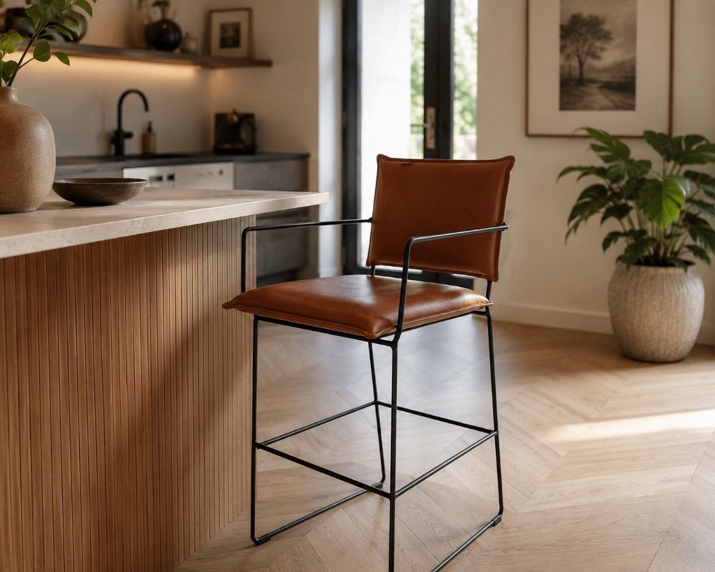 Jess Design leren barkruk cognac | 76 cm, Ophalen, Met voetsteun, 60 tot 90 cm, Zo goed als nieuw