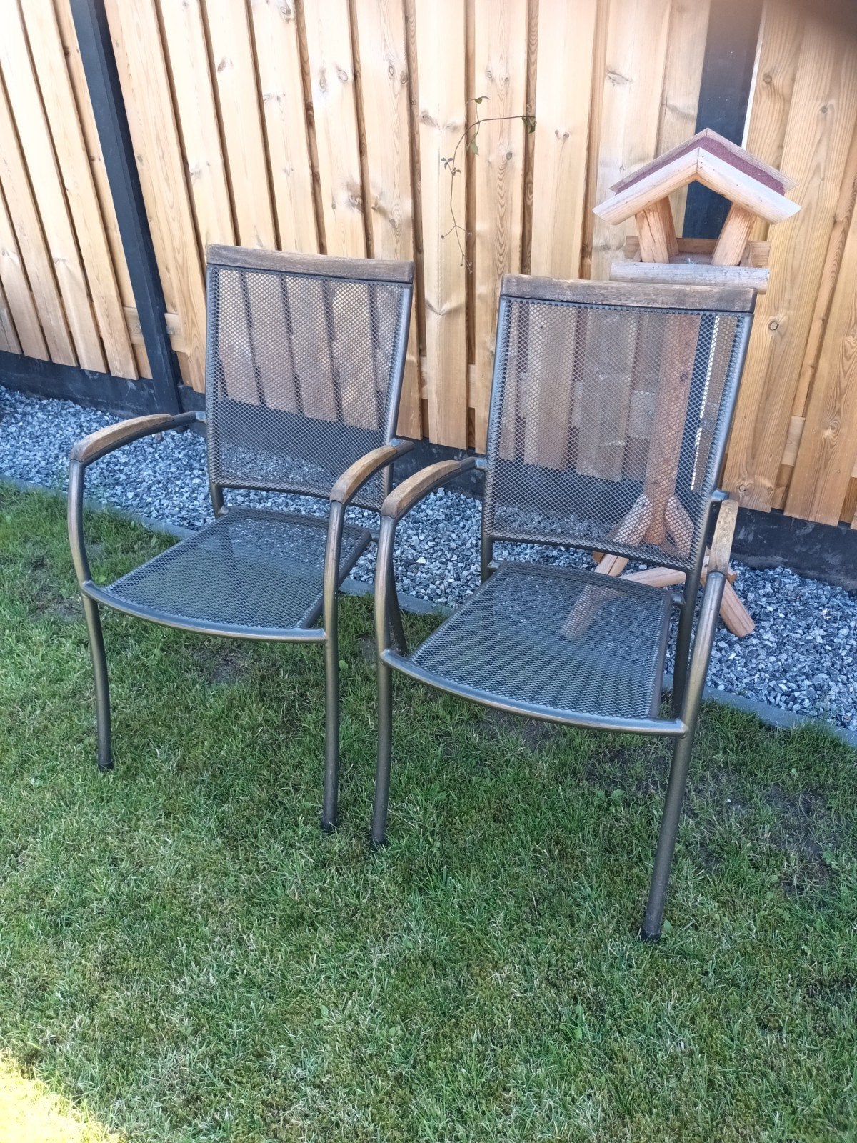 4 tuinstoelen met metalen frame en houten armleuningen, Ophalen, Gebruikt, Metaal