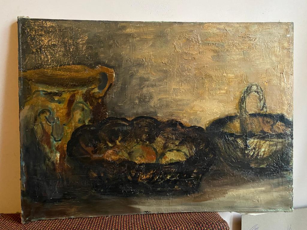 Stilleven met kruik, mand en schaal, Ophalen of Verzenden
