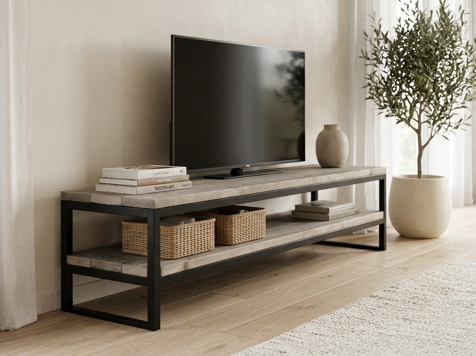 Industrieel TV-meubel met open plateau, massief hout & staal, Ophalen, Zo goed als nieuw, 25 tot 50 cm, Minder dan 100 cm