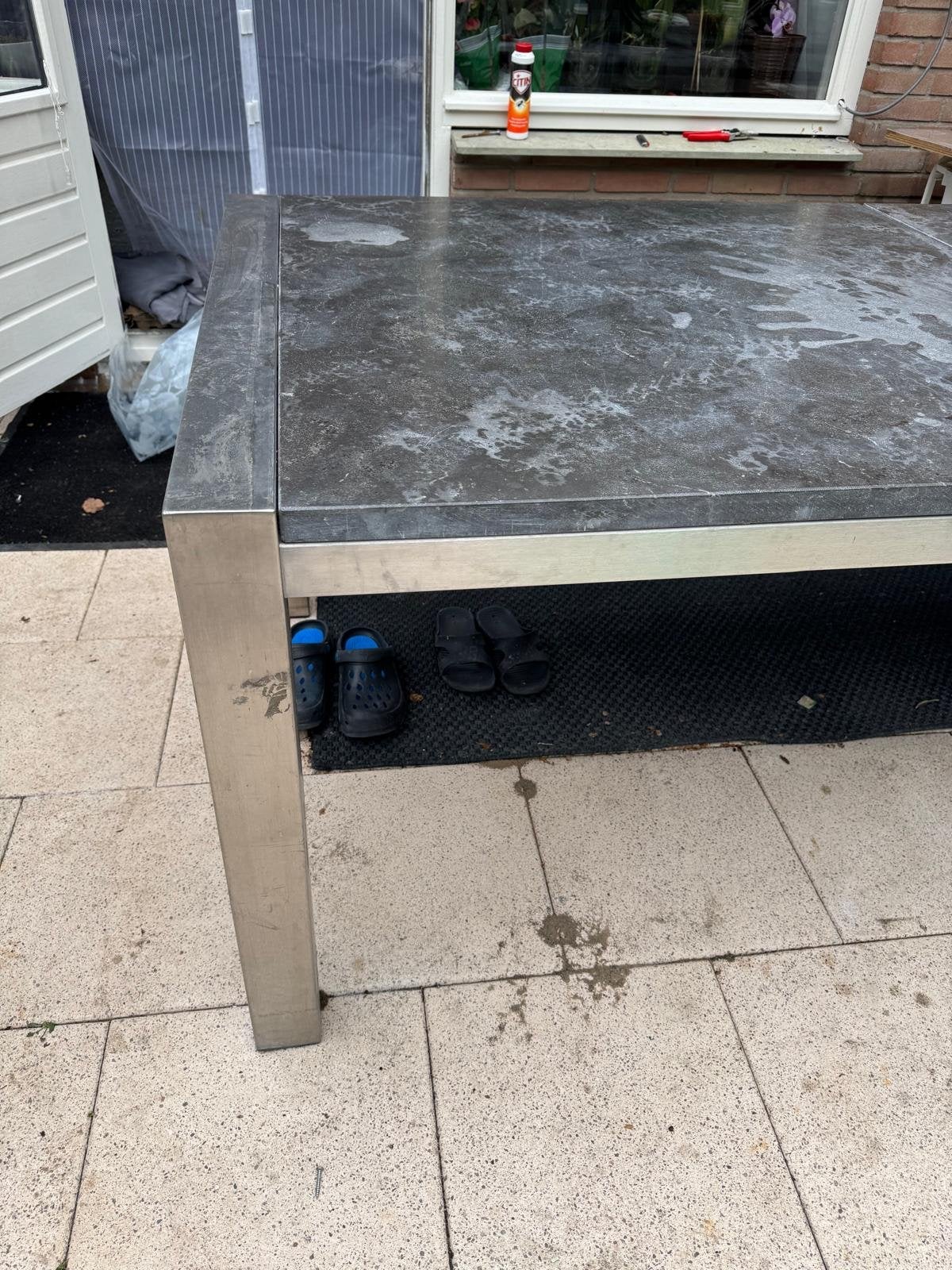 tuintafel met metalen onderstel 3 meter, Huis en Inrichting, Tafels | Eettafels, Ophalen, Gebruikt, 200 cm of meer, 50 tot 100 cm