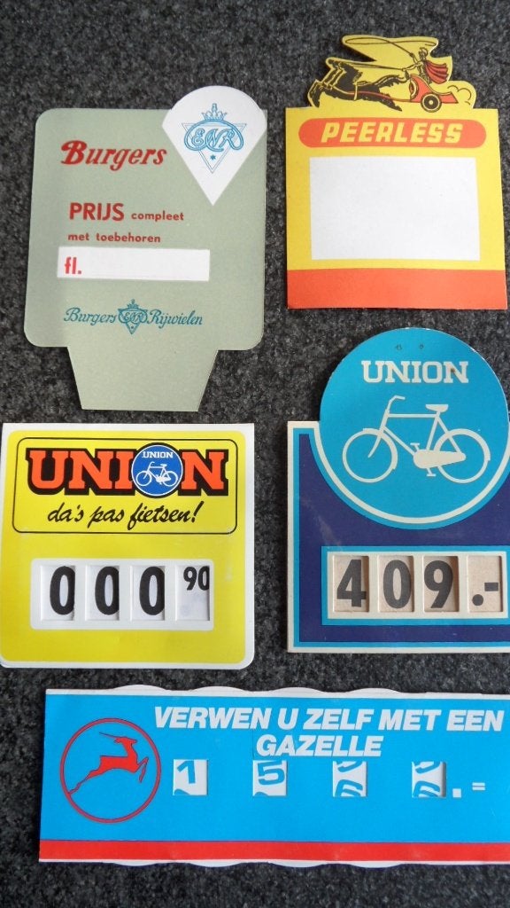 Oldtimerrijwiel prijskarton 5 x Burgers - Union - Peerless, Verzenden, Zo goed als nieuw, Gebruiksvoorwerp
