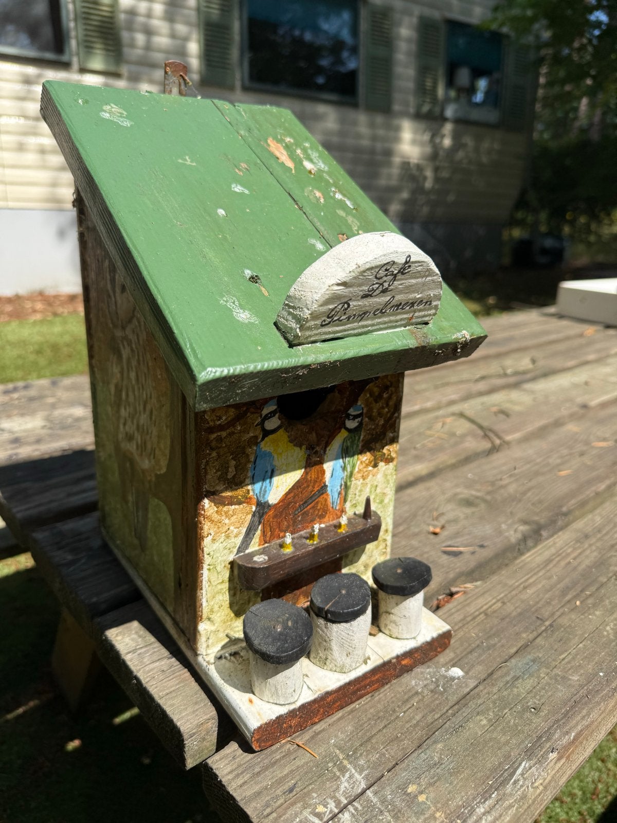 Vogelhuisje met beschilderde uil en vogels, Ophalen of Verzenden, Gebruikt