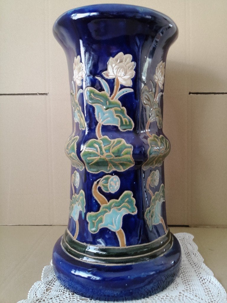 Vintage zuil plantenzuil kobaltblauw met lotusbloemen 53cm, Huis en Inrichting, Ophalen of Verzenden, Zo goed als nieuw, Onbekend