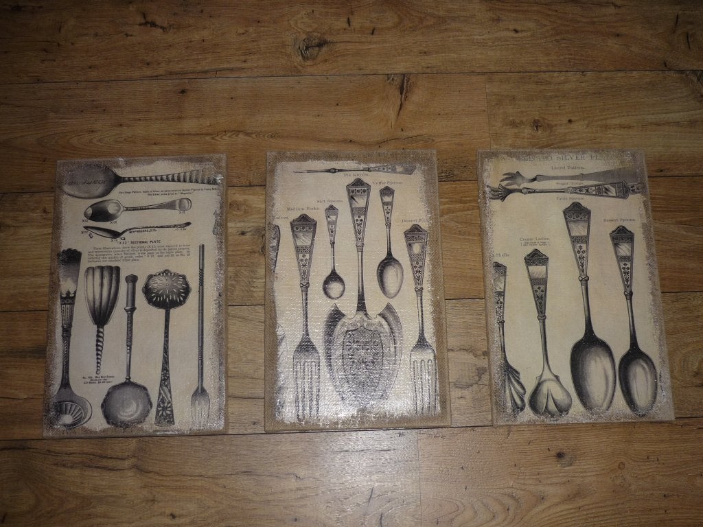 Nieuw: set mooie brocante jute prenten antiek bestek 42x26, Beige, Vintage, Nieuw, Ophalen of Verzenden