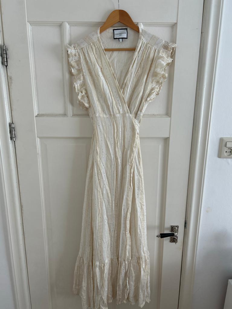 Gold & Silver wikkeljurk maat T2, Kleding | Dames, Jurken, Zo goed als nieuw, Maat 38/40 (M), Beige, Onder de knie, Ophalen of Verzenden