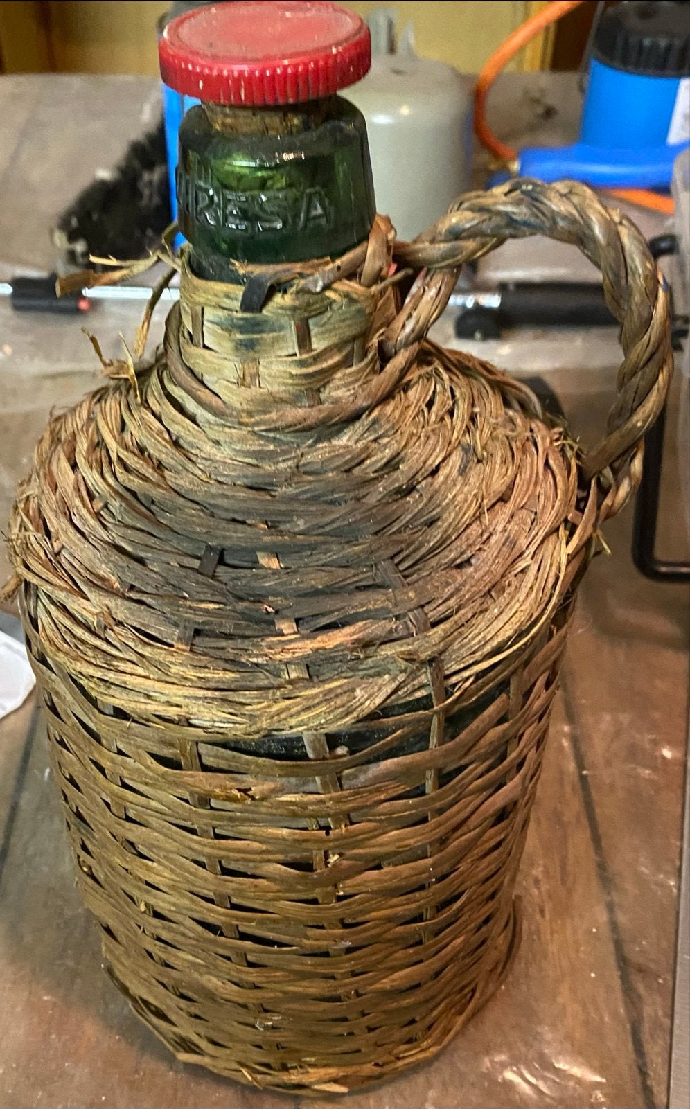 Vintage Viresa Mandfles Groen Glas met Riet en Kurk, Ophalen of Verzenden