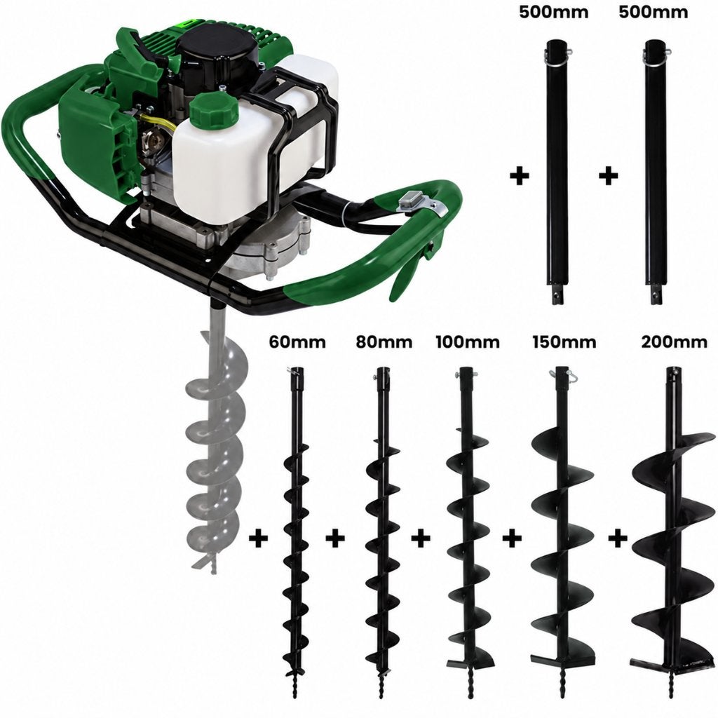Grondboor benzine + 60 mm + 80 mm + 100 mm + 150 mm + 200 mm, Tuin en Terras, Ophalen, Nieuw, Grondboor