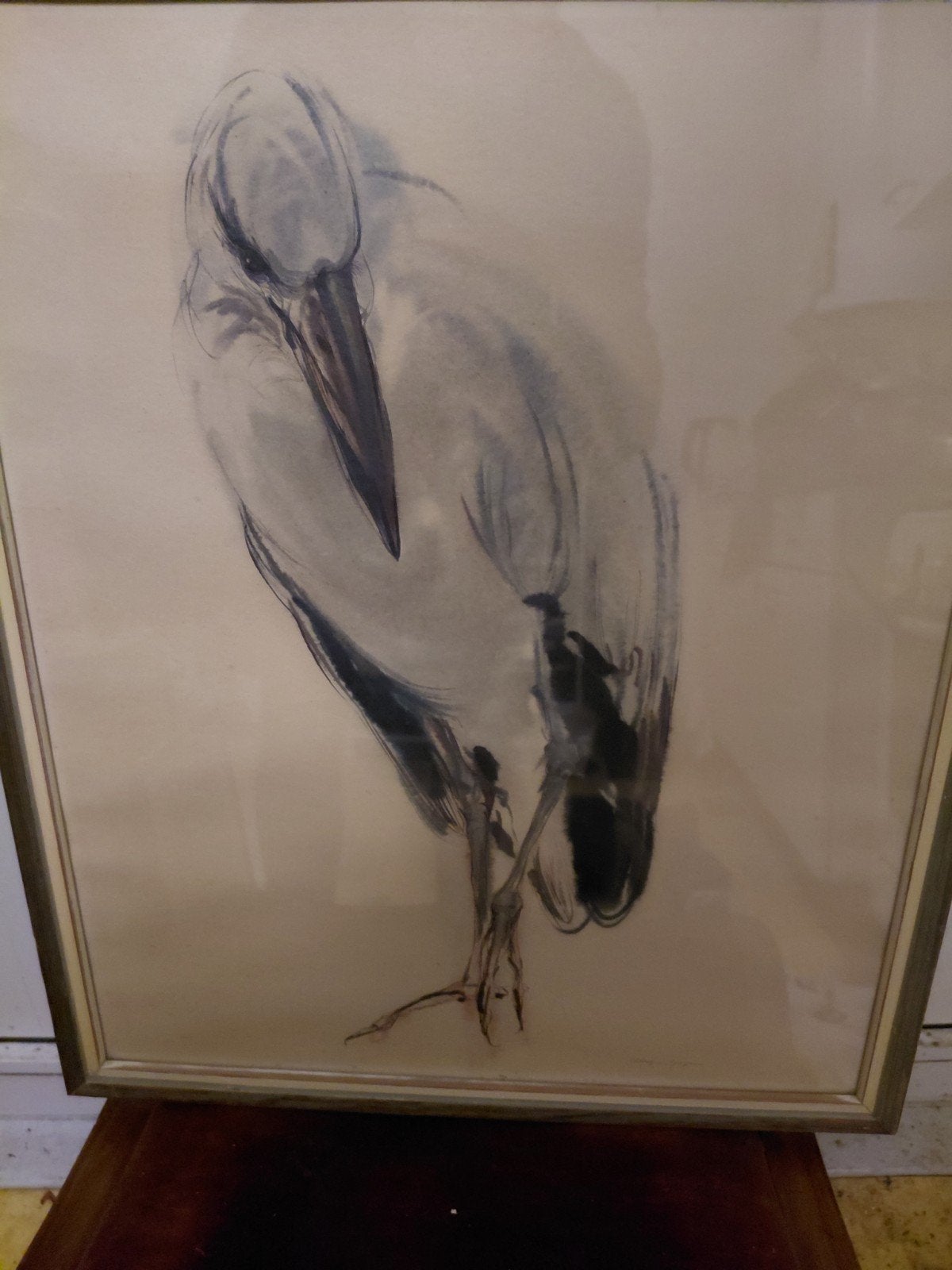 Inlijste tekening van een reiger, Antiek en Kunst, Kunst | Tekeningen en Foto's, Ophalen of Verzenden, Tekening, Gemengde techniek