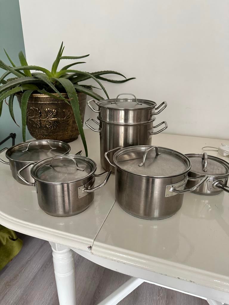 Fissler Professionele Pannenset - 5 Pannen + Stoommand, Huis en Inrichting, Keuken | Potten en Pannen, Gebruikt, Pannenset, Rvs