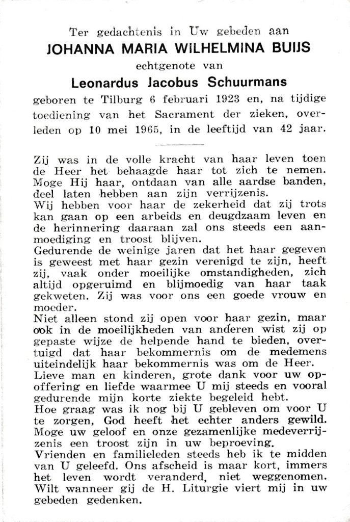 Buijs Johanna 1923 Tilburg  1965, Ophalen of Verzenden, Bidprentje