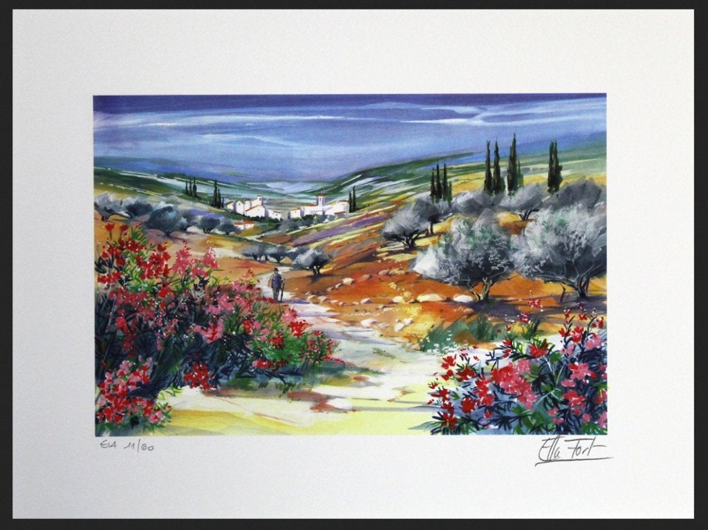 # Ella Fort # Kleurrijke Litho " L' Arrivee ", Ophalen of Verzenden