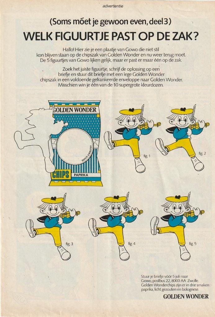 Retro reclame 1986 Golden Wonder chips figuurtje met viool, Verzenden, Overige typen