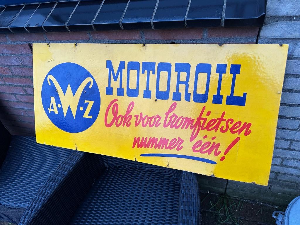 Fraai AWZ Motoroil bord. Albert Wijnberg Zaandam 99 x 46 cm., Ophalen of Verzenden, Gebruikt, Reclamebord