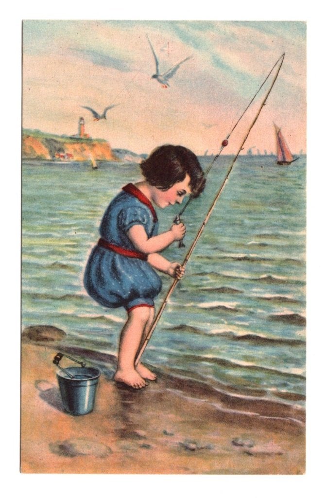 Antieke Ansichtkaart Jongen Aan Het Vissen Strand, Verzamelen, Ophalen of Verzenden, 1920 tot 1940, Ongelopen, Kinderen