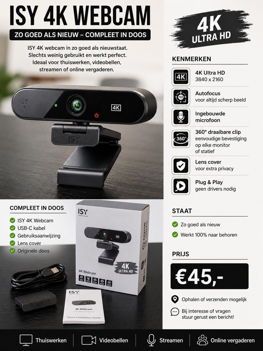 ISY Webcam 4K, Ophalen of Verzenden, Zo goed als nieuw, Monitorclip