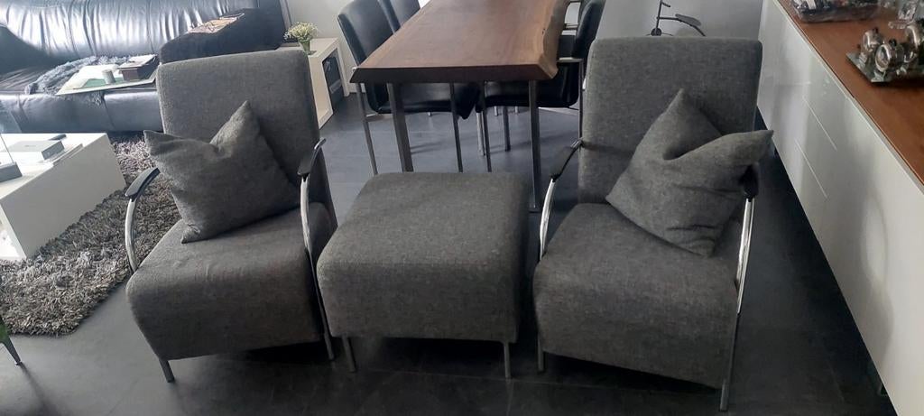 Set van 2 fauteuils en poef - Grijs stof en metaal, Huis en Inrichting, Fauteuils, Gebruikt, 75 tot 100 cm, Ophalen of Verzenden