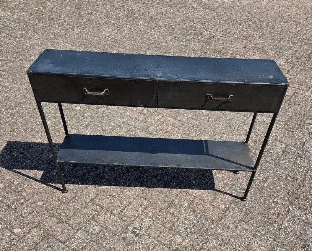 industriële ijzeren sidetable, Ophalen of Verzenden, 25 tot 50 cm, Rechthoekig, 100 tot 150 cm