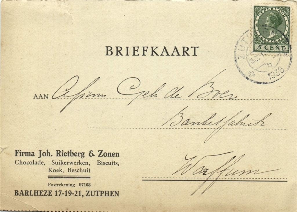 Firma Joh. Rietberg + Zonen, Zutphen - 01.1936 - briefkaart, Ophalen of Verzenden, Briefkaart